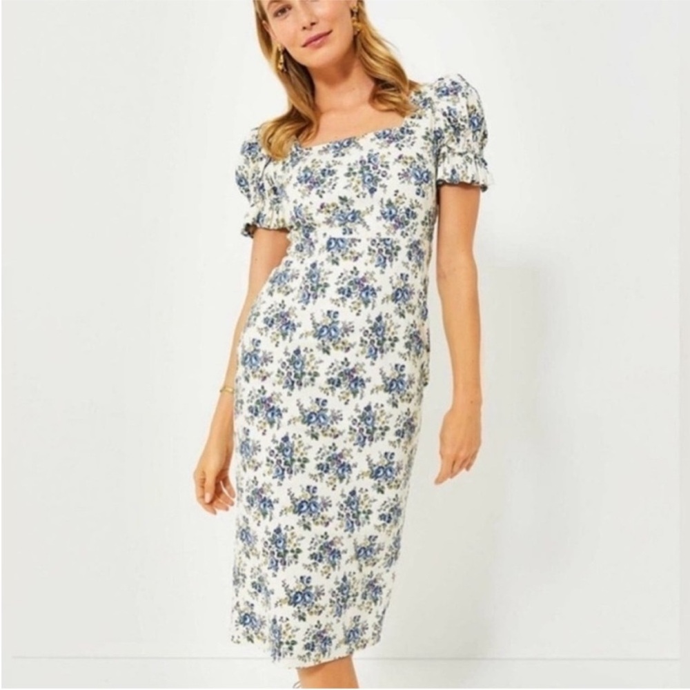 Hyacinth House NEW Esther Floral Puff Sleeve Ivory & Blue Midi Dress Size M